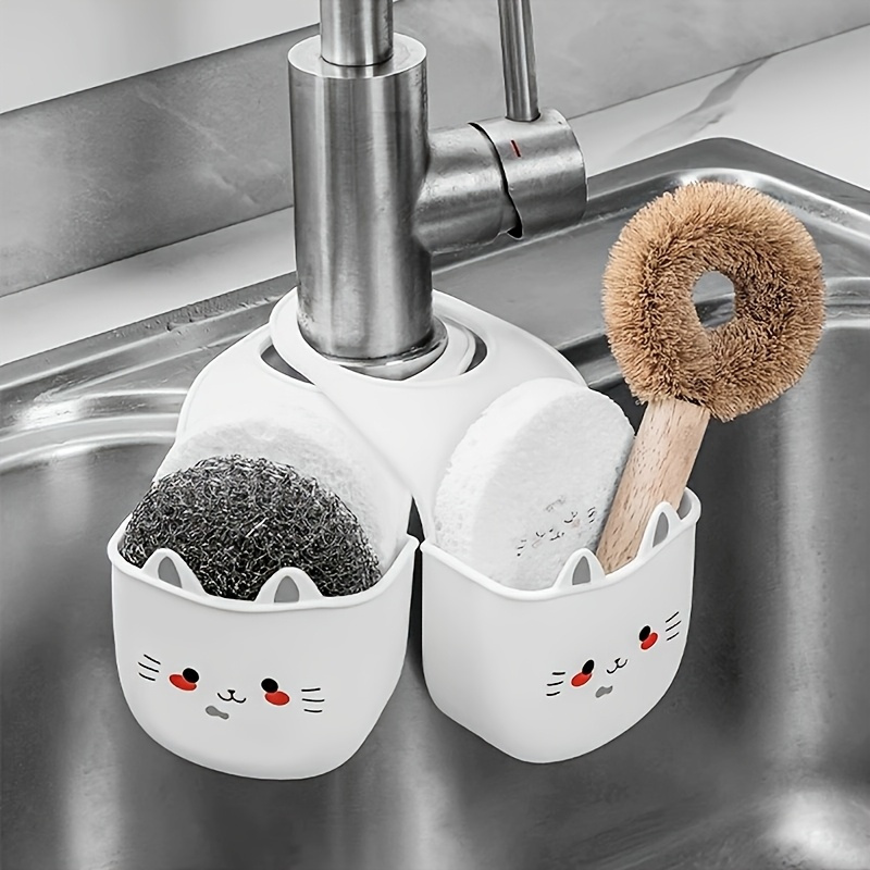 Silicone Tap Washer - ตะกร้าใส่ของรูปแมวการ์ตูนแบบนุ่ม พร้อมห่วงคล้องก๊อกน้ำ ที่วางฟองน้ำ ซิลิโคนแขวนอ่างล้างจาน ถุงเก็บของในครัว ถุงแขวนสำหรับระบายน้ำ